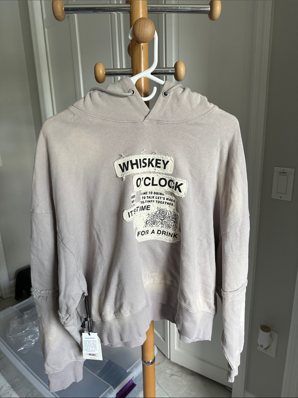Cleo & Wolf Whiskey O'Clock Graphic Hoodie in Light Taupe Medium NWT